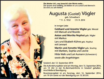 Traueranzeige von Augusta Vögler von Südthüringer Presse