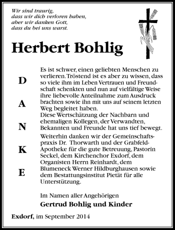Traueranzeige von Herbert Bohlig von Südthüringer Presse