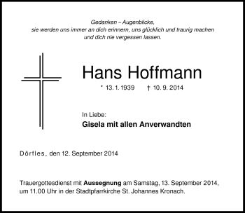 Traueranzeige von Hans Hoffmann von Neue Presse Coburg