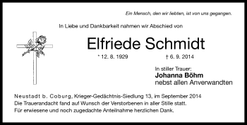 Traueranzeige von Elfriede Schmidt von Neue Presse Coburg