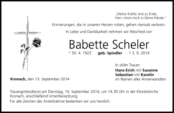 Traueranzeige von Babette Scheler von Neue Presse Coburg