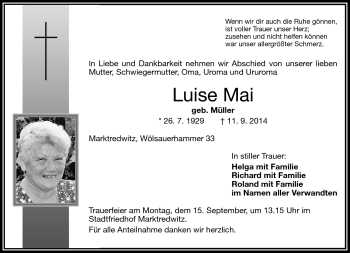 Traueranzeige von Luise Mai von Frankenpost