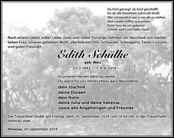 Traueranzeige von Edith Schülke von Südthüringer Presse