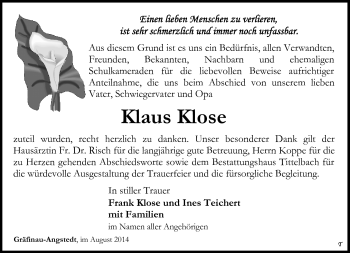 Traueranzeige von Klaus Klose von Südthüringer Presse