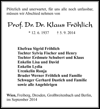 Traueranzeige von Klaus Fröhlich von Südthüringer Presse