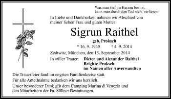 Traueranzeige von Sigrun Raithel von Frankenpost
