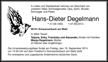 Traueranzeige von Hans-Dieter Degelmann von Frankenpost