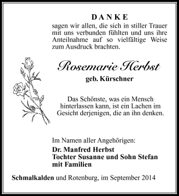 Traueranzeige von Rosemarie Herbst von Südthüringer Presse