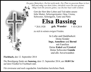 Traueranzeige von Elsa Bassing von Neue Presse Coburg