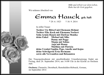 Traueranzeige von Emma Hauck von Südthüringer Presse