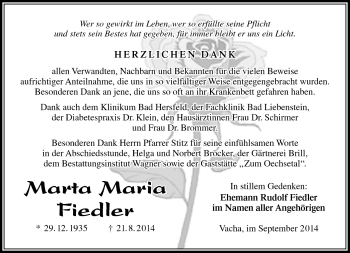 Traueranzeige von Marta Maria Fiedler von Südthüringer Presse