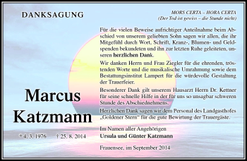 Traueranzeige von Marcus Katzmann von Südthüringer Presse