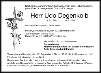 Traueranzeige von Udo Degenkolb von Frankenpost