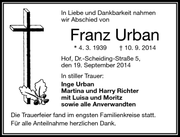 Traueranzeige von Franz Urban von Frankenpost