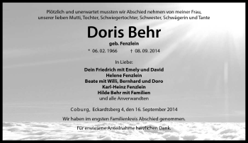 Traueranzeige von Doris Behr von Neue Presse Coburg