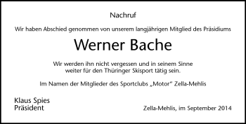 Traueranzeige von Werner Bache von Südthüringer Presse