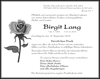 Traueranzeige von Birgit Lang von Frankenpost