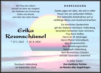 Traueranzeige von Erika Reumschüssel von Südthüringer Presse