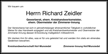 Traueranzeige von Richard Zeidler von Frankenpost