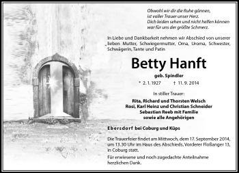 Traueranzeige von Betty Hanft von Neue Presse Coburg