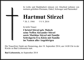 Traueranzeige von Hartmut Stirzel von Südthüringer Presse