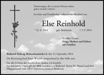 Traueranzeige von Else Reinhold von Neue Presse Coburg