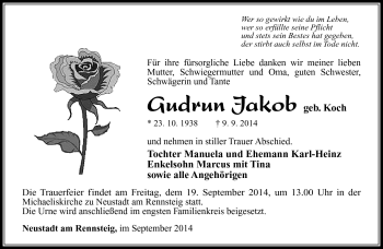 Traueranzeige von Gudrun Jakob von Südthüringer Presse