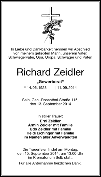Traueranzeige von Richard Zeidler von Frankenpost