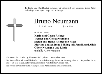 Traueranzeige von Bruno Neumann von Neue Presse Coburg