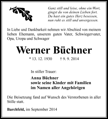 Traueranzeige von Werner Büchner von Südthüringer Presse