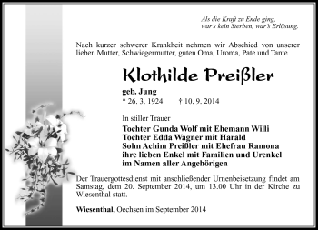 Traueranzeige von Klothilde Preißler von Südthüringer Presse