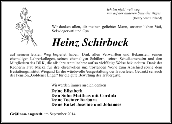 Traueranzeige von Heinz Schirbock von Südthüringer Presse