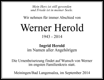 Traueranzeige von Werner Herold von Südthüringer Presse