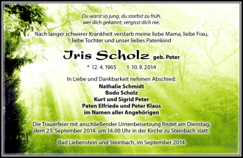 Traueranzeige von Iris Scholz von Südthüringer Presse