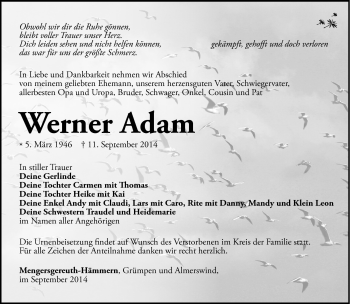 Traueranzeige von Werner Adam von Südthüringer Presse