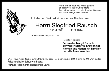 Traueranzeige von Siegfried Rausch von Frankenpost