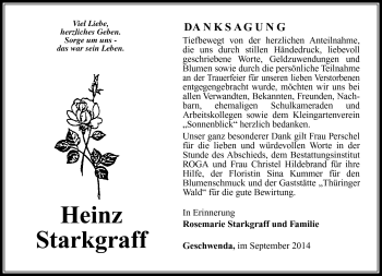 Traueranzeige von Heinz Starkgraff von Südthüringer Presse