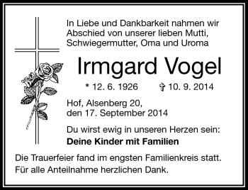 Traueranzeige von Irmgard Vogel von Frankenpost