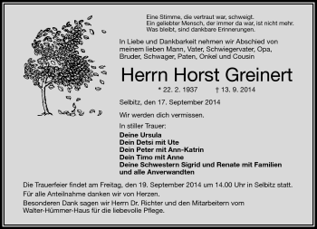 Traueranzeige von Horst Greinert von Frankenpost