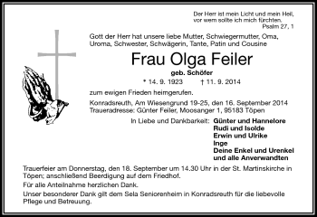 Traueranzeige von Olga Feiler von Frankenpost