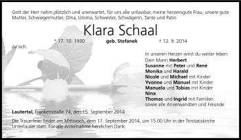 Traueranzeige von Klara Schaal von Neue Presse Coburg