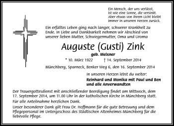 Traueranzeige von Auguste Zink von Frankenpost