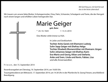 Traueranzeige von Marie Geiger von Neue Presse Coburg