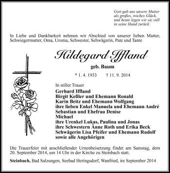 Traueranzeige von Hildegard Iffland von Südthüringer Presse