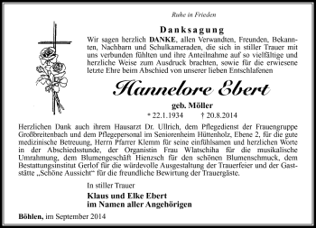 Traueranzeige von Hannelore Ebert von Südthüringer Presse