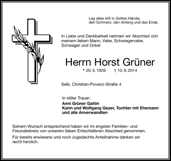 Traueranzeige von Horst Grüner von Frankenpost