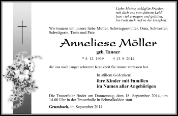 Traueranzeige von Anneliese Möller von Südthüringer Presse