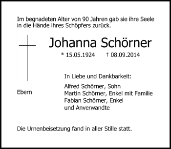 Traueranzeige von Johanna Schörner von Neue Presse Coburg