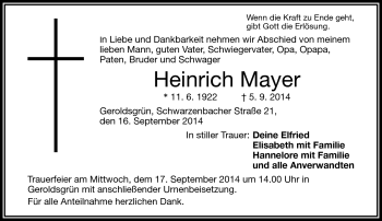 Traueranzeige von Heinrich Mayer von Frankenpost