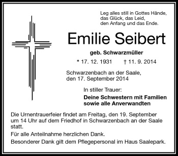 Traueranzeige von Emilie Seibert von Frankenpost